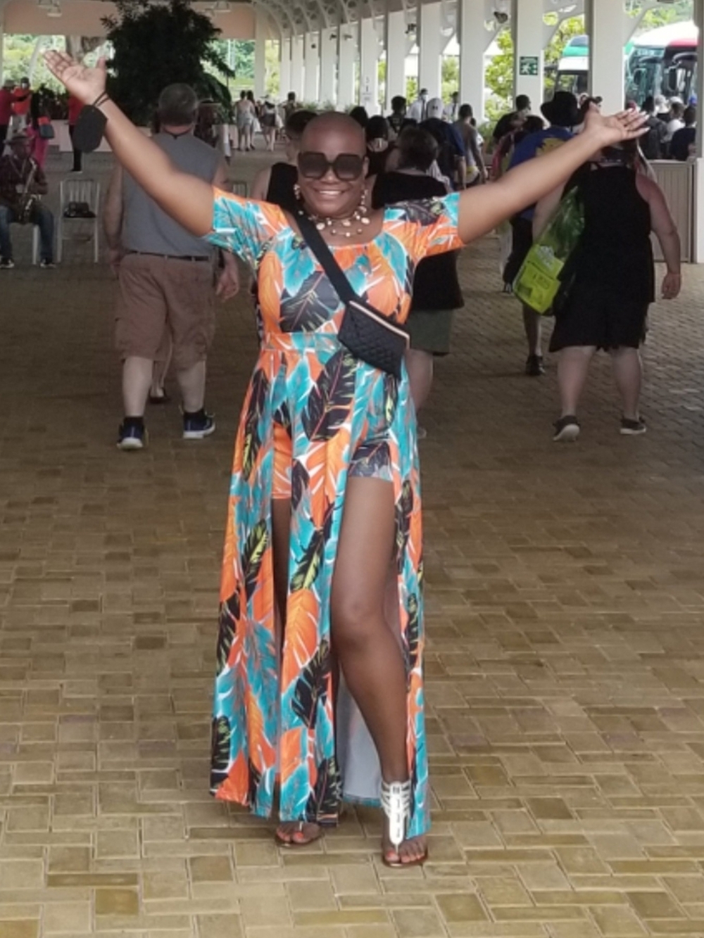 Tropical Leaf Print Split-Leg Maxi Dress & Shorts Set